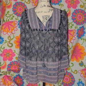 70's Retro Hippie Peasant Gypsy Blouse Top XL Empire Waist 3/4 Bell Sleeves